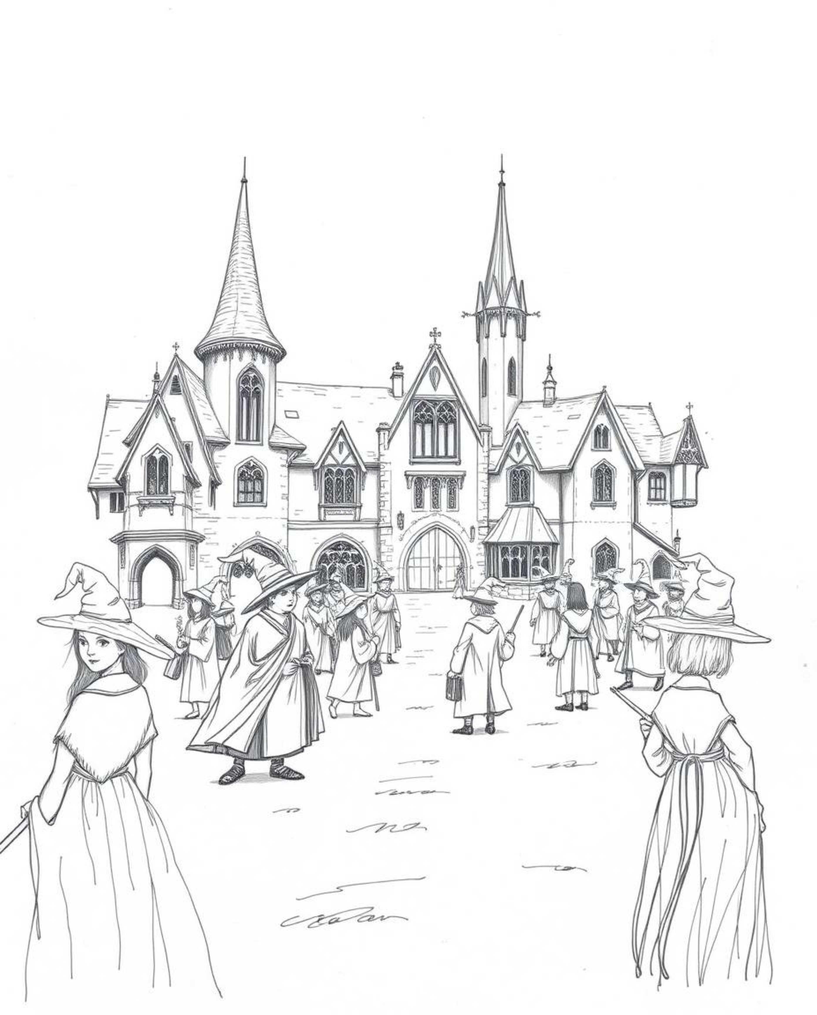 A classic black and white hand-drawn sketch depicts a magical school teeming with young wizards. The artwork features rough p