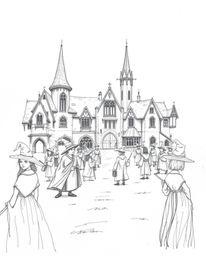 A classic black and white hand-drawn sketch depicts a magical school teeming with young wizards. The artwork features rough p