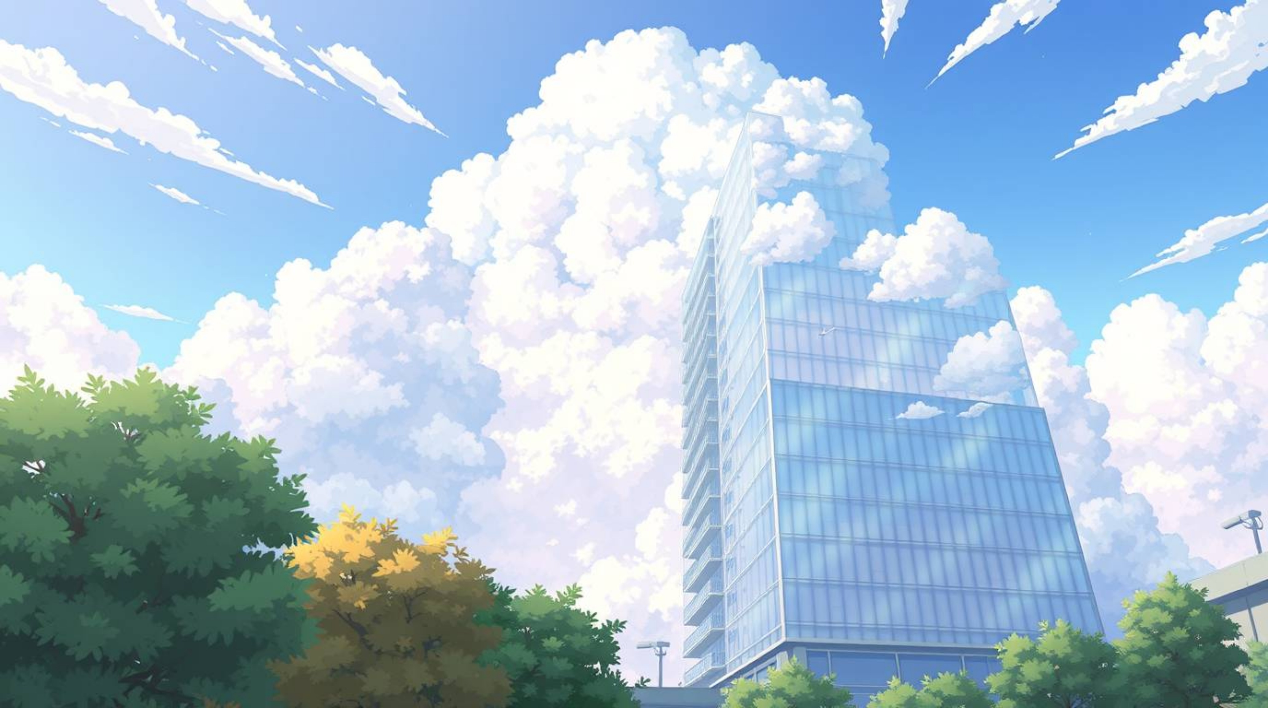 A captivating isekai anime style illustration showcases a modern glass building seamlessly dissolving into a soft, cloudy sky