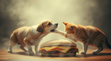 A captivating cinematic scene depicting a dog and cat playfully fighting over a giant sandwich.  The image features a soft, e