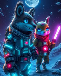Embark on a thrilling futuristic sci-fi adventure with a talking animal sidekick and a courageous hero.  This vibrant journey