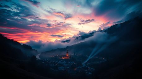 Experience the tranquility of a cozy village nestled in a vibrant valley under a breathtaking colorful sky. This image captur