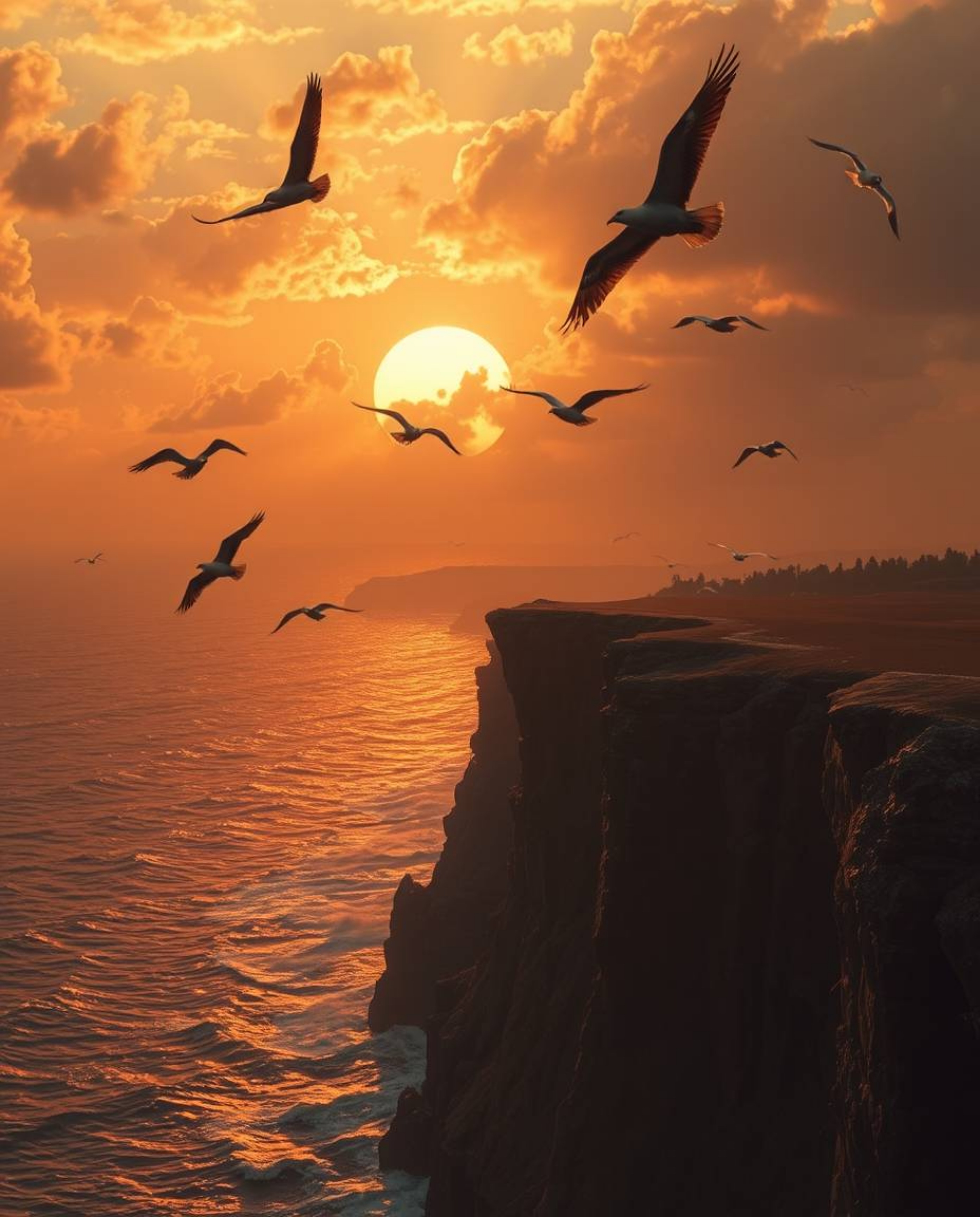 Witness an epic, massive-scale scene of a sunset over a coastal cliff, complete with soaring birds and heroic elements. A mod