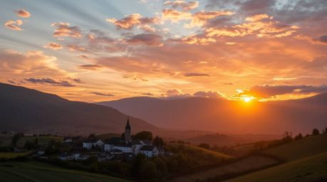 Experience the serene beauty of a cozy village nestled in a picturesque valley.  Bathed in the warm glow of the golden hour, 