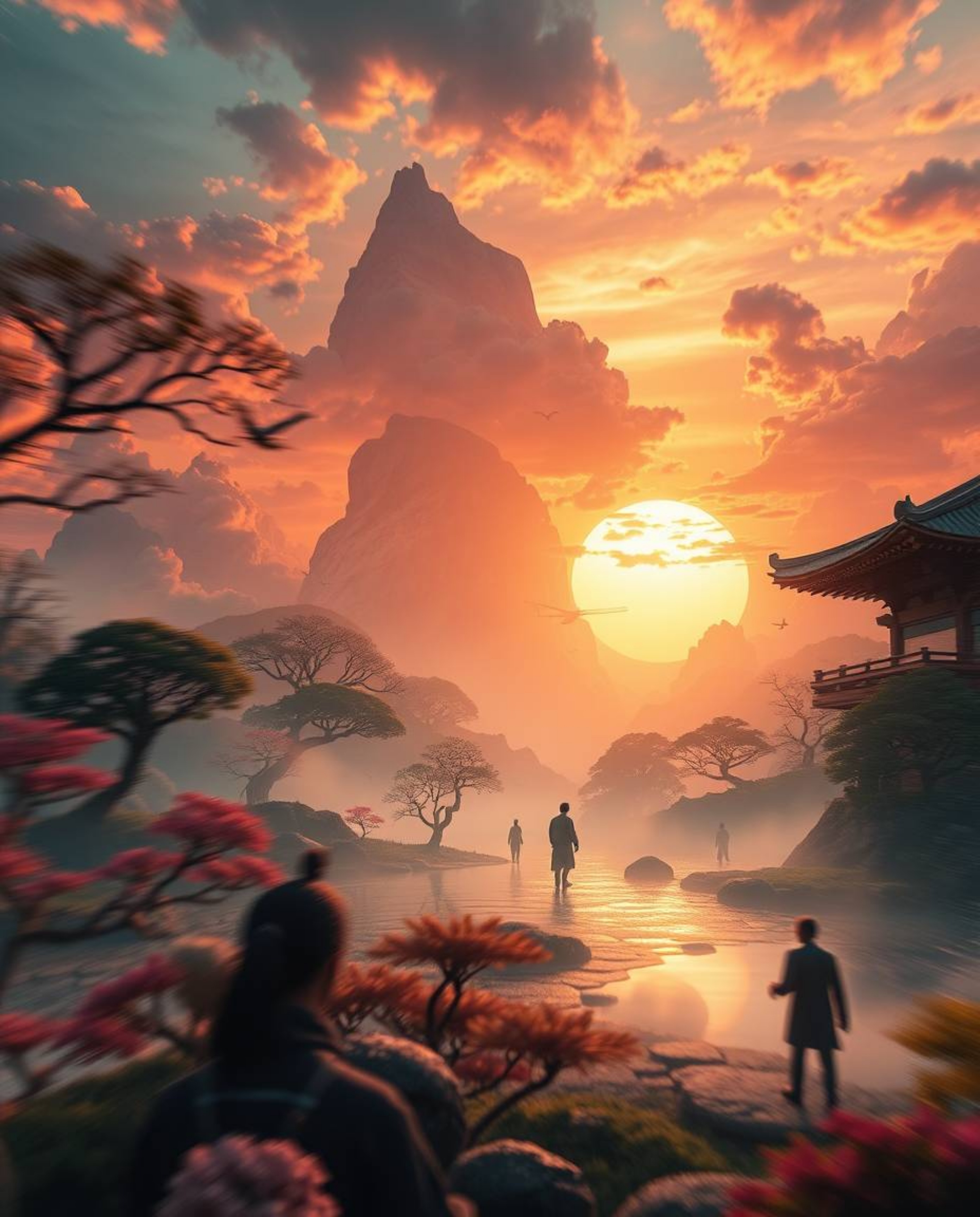 High-resolution surreal image, dreamlike sunset over a serene Zen garden featuring fantastical elements and bizarre scenes wi
