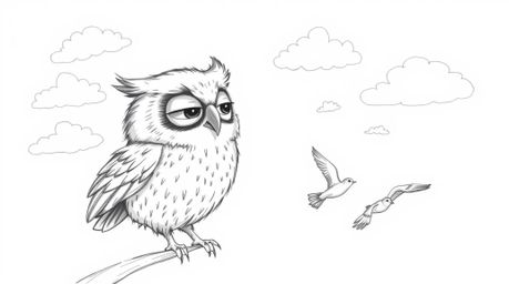 A heartwarming hand-drawn sketch in the iconic Pixar style depicts a blind owl with soft, downy feathers, possessing incredib