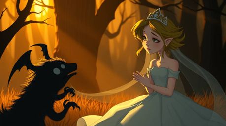 A princess with ethereal features captivates shadowy woodland creatures with her song in a vintage 2D animation style. The wa
