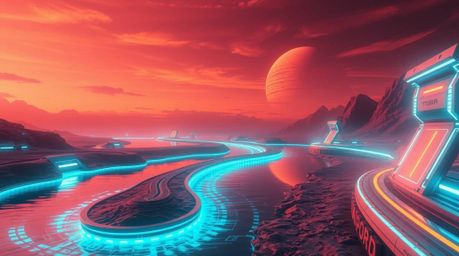 Experience a breathtaking futuristic landscape featuring a winding river shimmering under a dramatic orange-pink sky. This sc