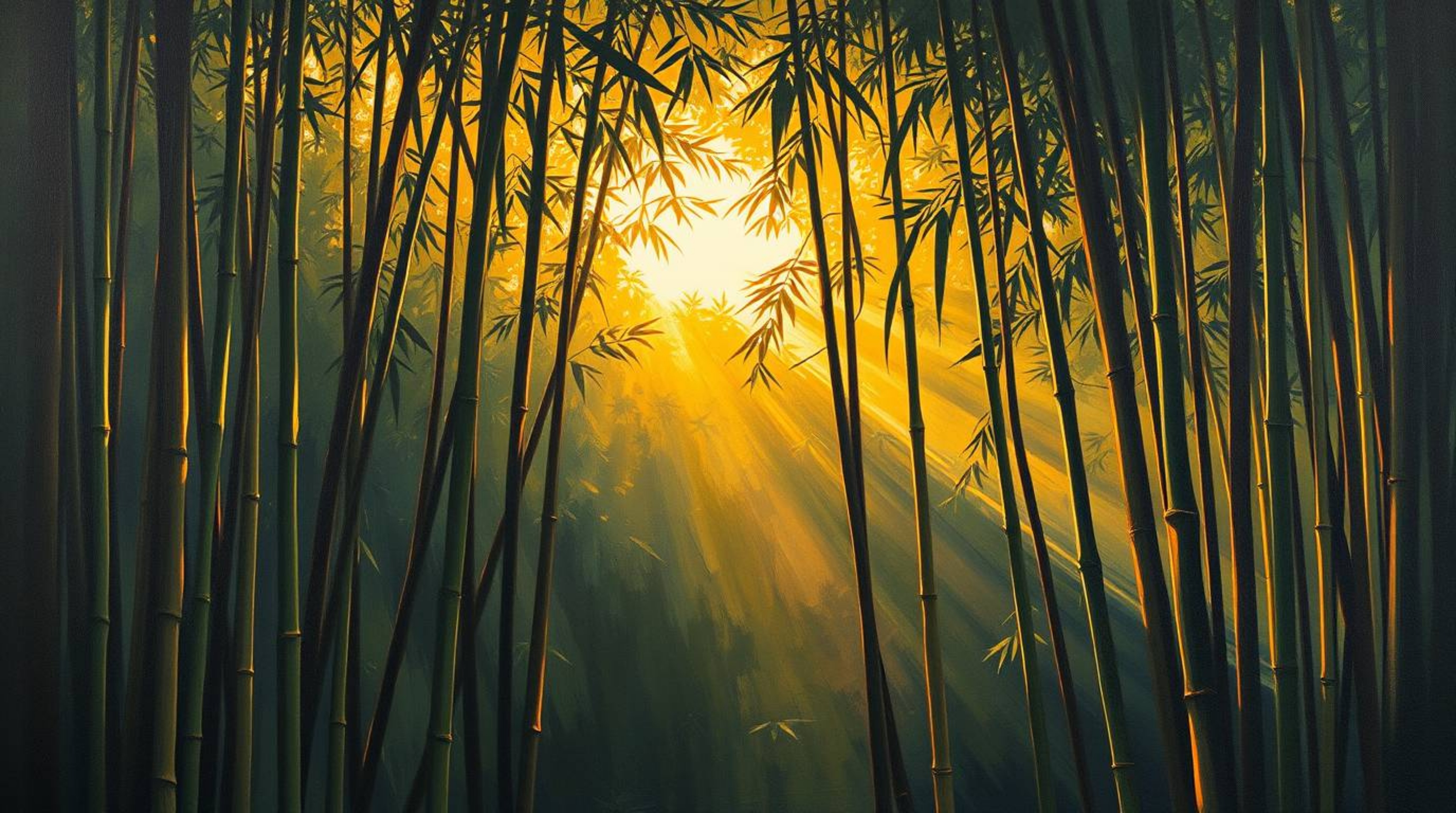 This is a classic oil painting depicting a bamboo forest illuminated by the strong, hard light of a sunset. The artwork is ch
