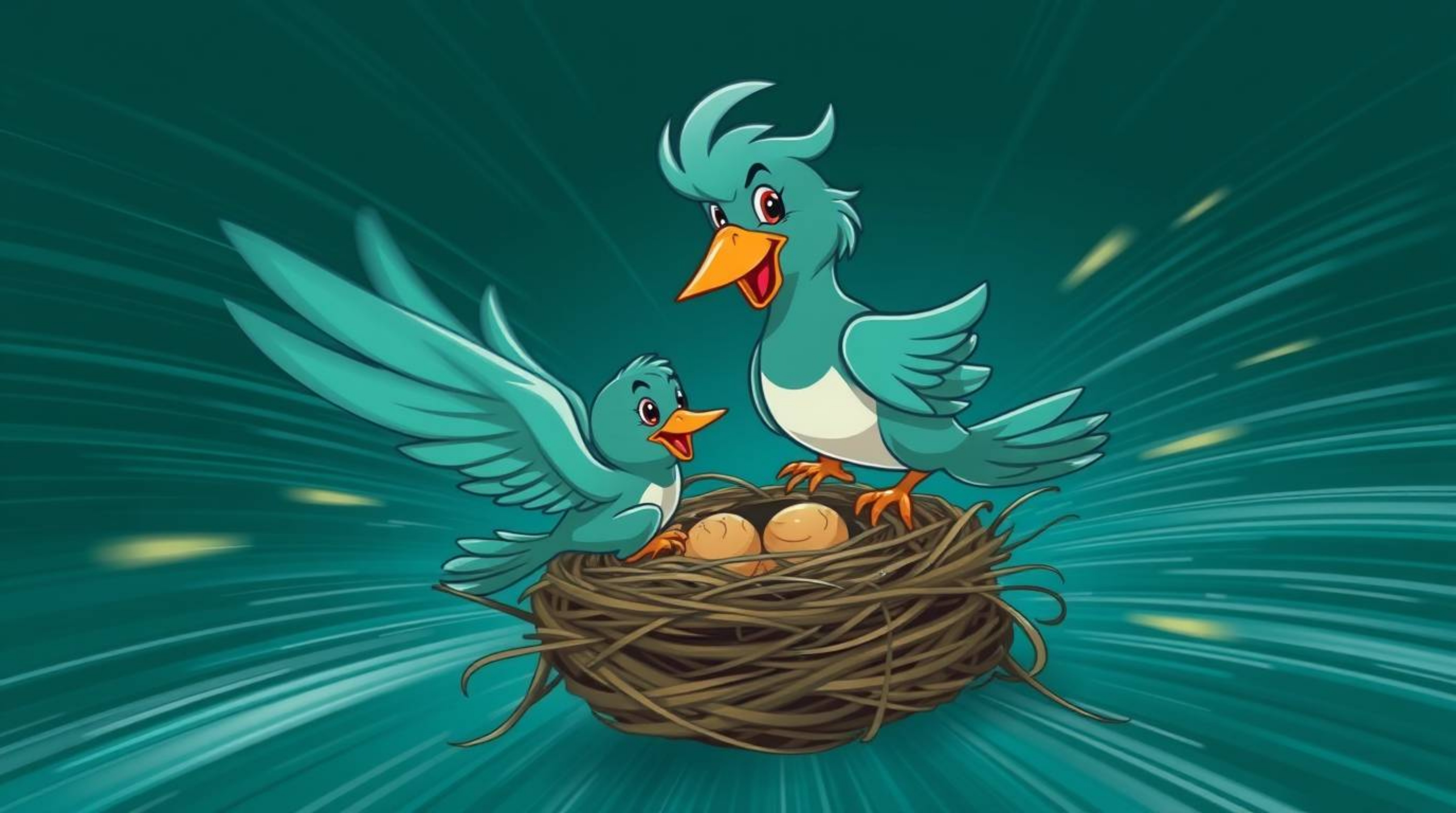 A vibrant, deep teal illustration showcases two cartoon birds dynamically building a nest in a classic animation style.  The 
