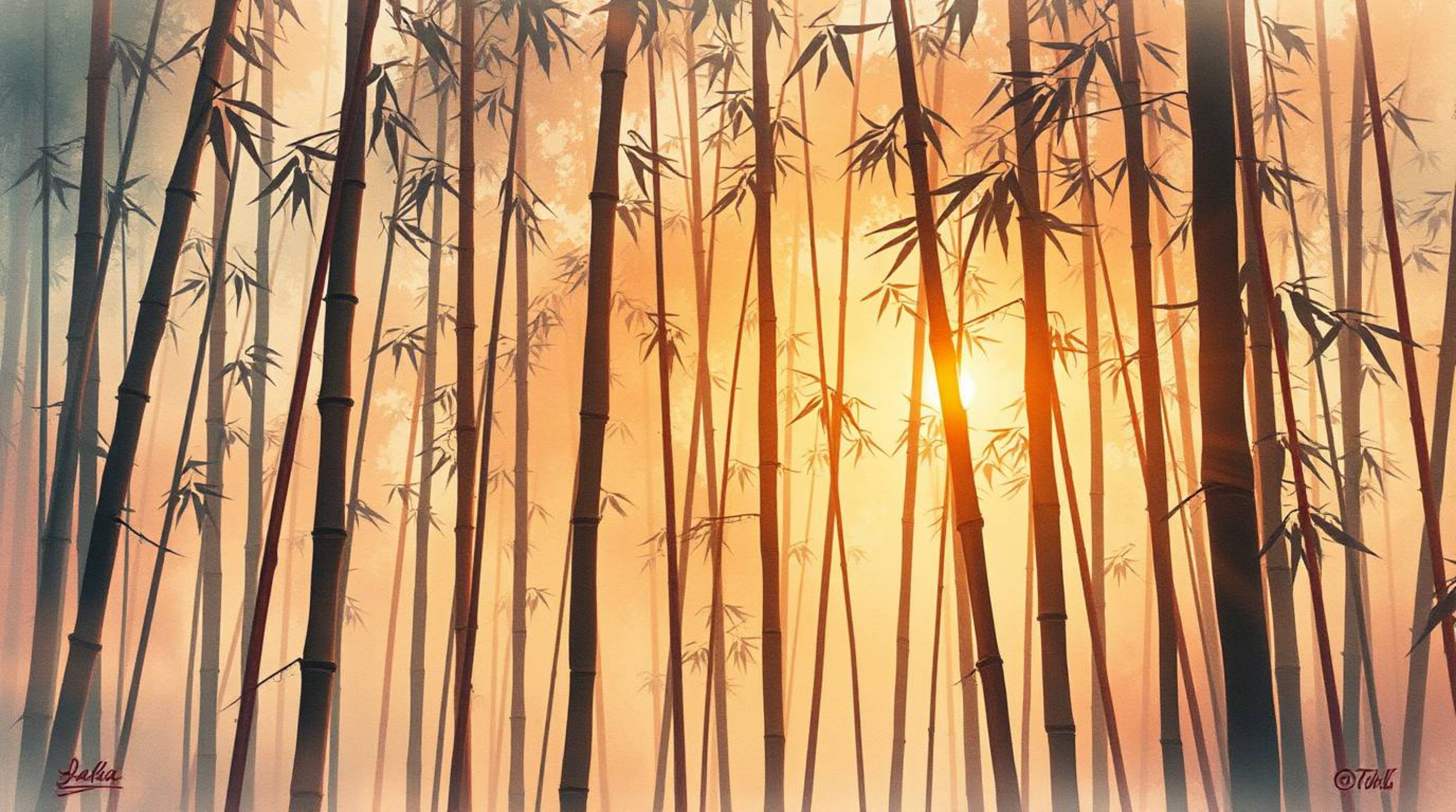 Experience the tranquility of a delicate watercolor painting depicting a bamboo forest bathed in the warm glow of a sunset.  