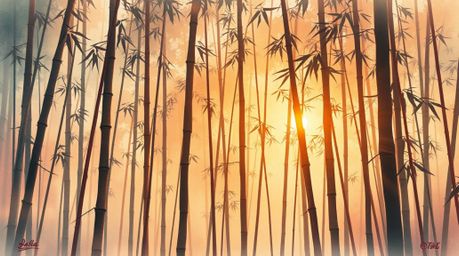Experience the tranquility of a delicate watercolor painting depicting a bamboo forest bathed in the warm glow of a sunset.  