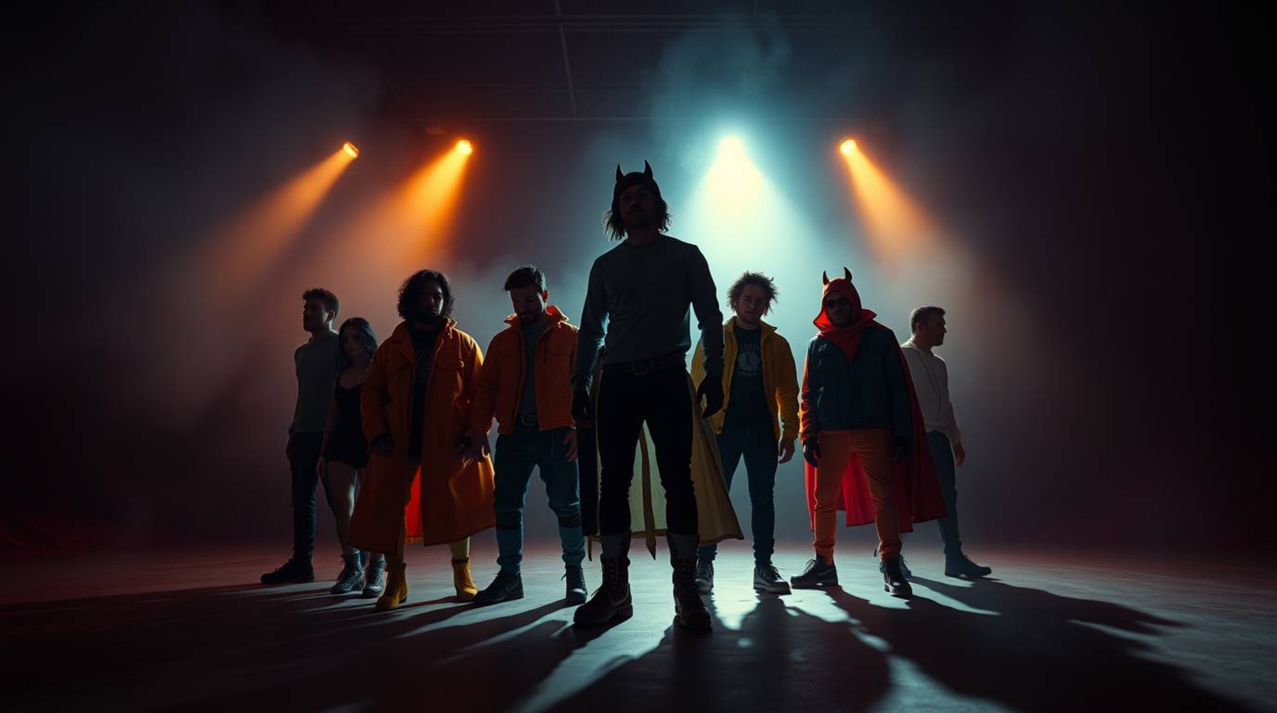 Discover a captivating cinematic scene featuring a team of misfit heroes in electric vivid colors.  The artwork showcases a d