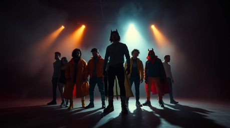 Discover a captivating cinematic scene featuring a team of misfit heroes in electric vivid colors.  The artwork showcases a d