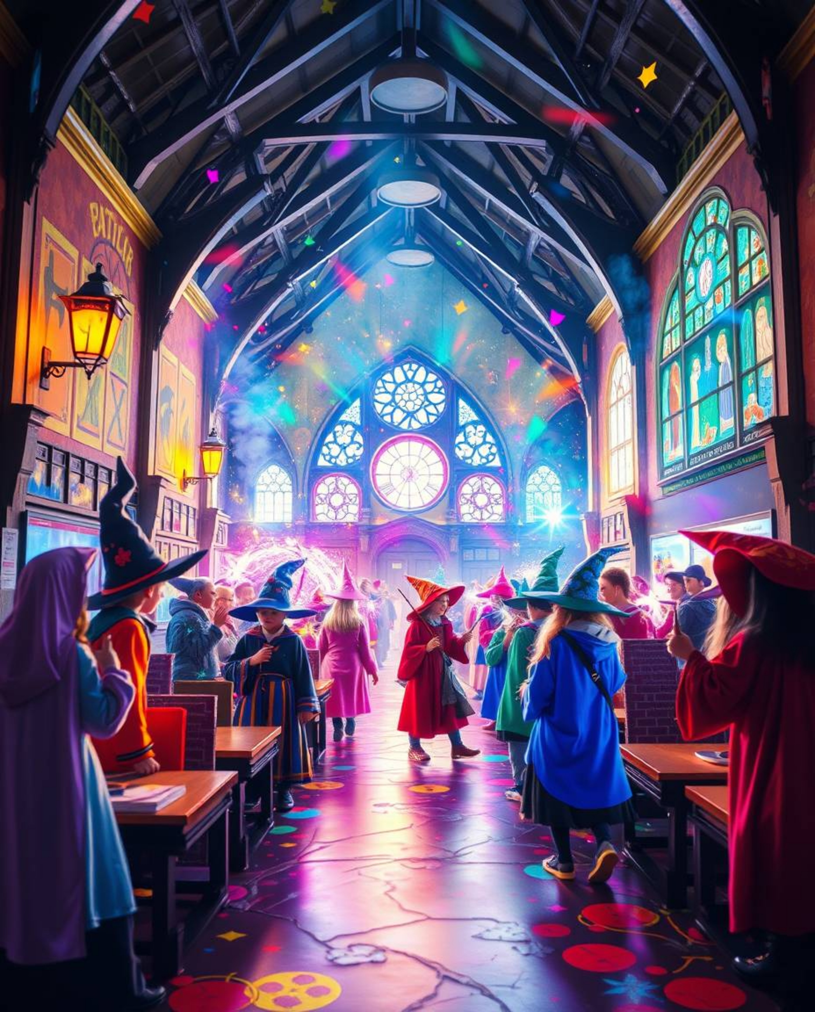 A captivating light art piece portrays a magical school brimming with young wizards.  The artwork bursts with bright, vibrant