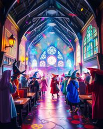 A captivating light art piece portrays a magical school brimming with young wizards.  The artwork bursts with bright, vibrant