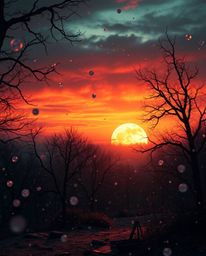 A dreamlike and surreal image captures snowflakes falling during a vibrant sunset. This is not a typical winter scene; it inc