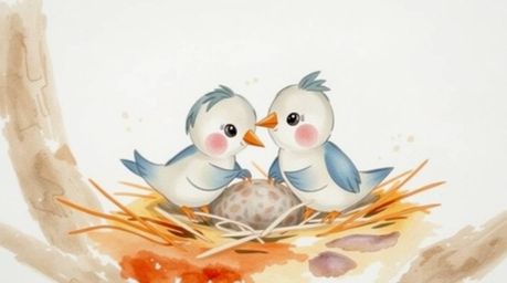 This artwork showcases a delicate watercolor painting of two charming cartoon birds diligently building their nest. Rendered