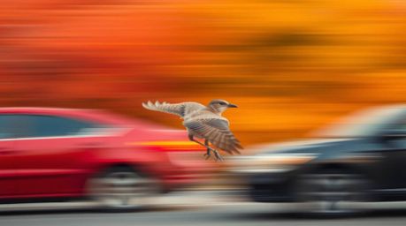 A captivating image showcasing a fast-running bird, sharply in focus, as it zooms past blurred traffic. The warm color palett