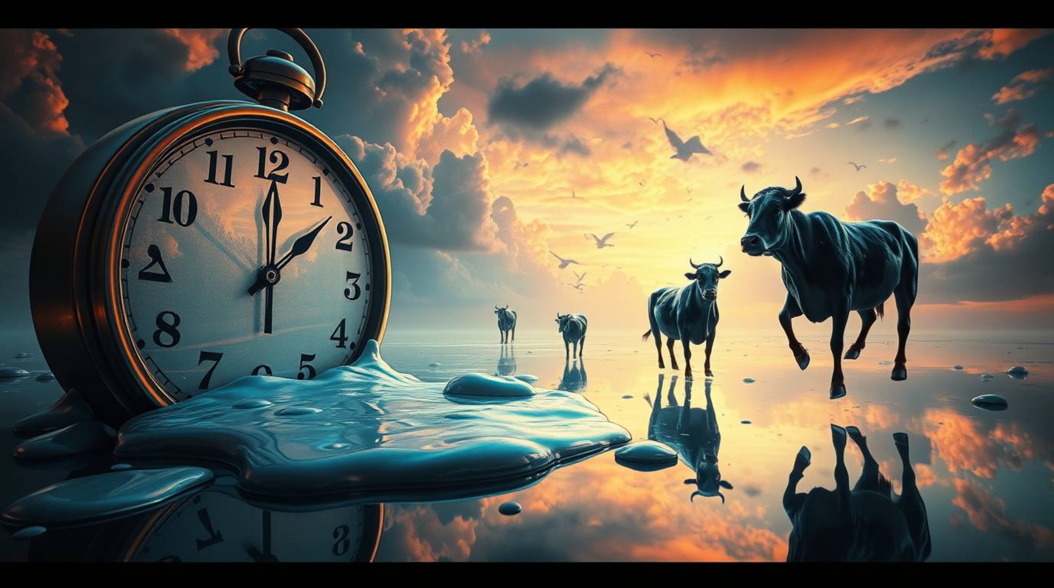 Dive into a mesmerizing surreal dreamscape where melting clocks and floating cows defy gravity. This cinematic artwork boasts