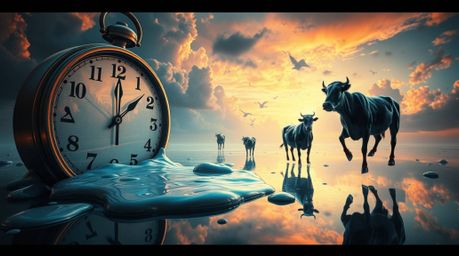 Dive into a mesmerizing surreal dreamscape where melting clocks and floating cows defy gravity. This cinematic artwork boasts