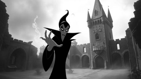 A classic Disney villain with a gaunt face and dark eyes casts a spell within a crumbling, old castle, depicted in timeless b
