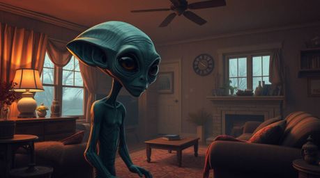 Immerse yourself in a warm autumnal scene depicting an alien comfortably residing in a cozy suburban house. The artwork empha