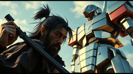 Witness a breathtaking scene of a weathered samurai with sharp features and dark hair locked in a fierce battle against a tow