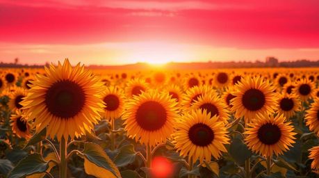 Experience the breathtaking beauty of a sunflower field bathed in the warm glow of golden hour.  A vibrant scene featuring a 
