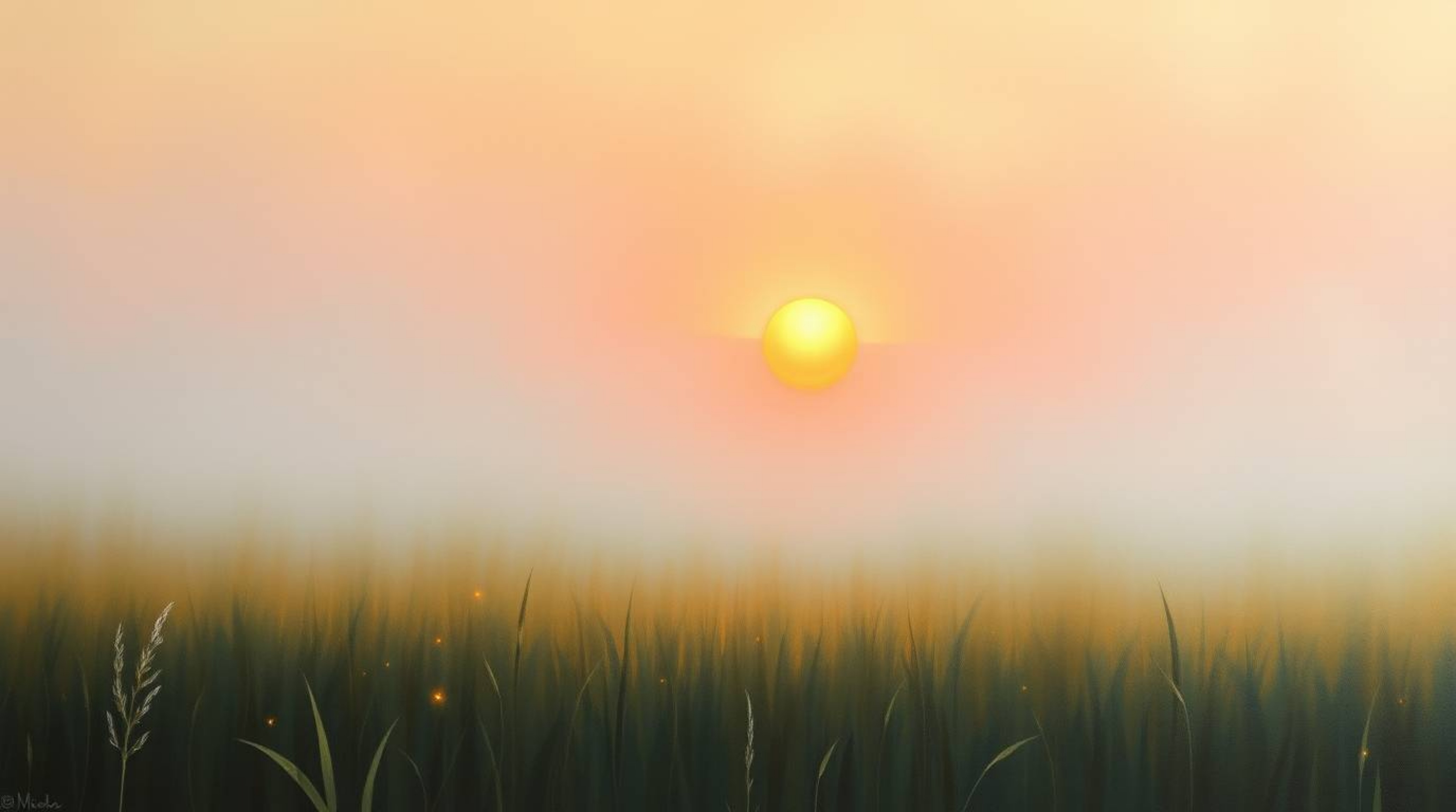 A painting capturing a breathtaking sunset over a serene meadow, dotted with the magical glow of fireflies. The artwork evoke
