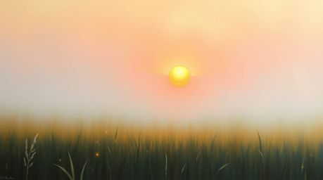 A painting capturing a breathtaking sunset over a serene meadow, dotted with the magical glow of fireflies. The artwork evoke