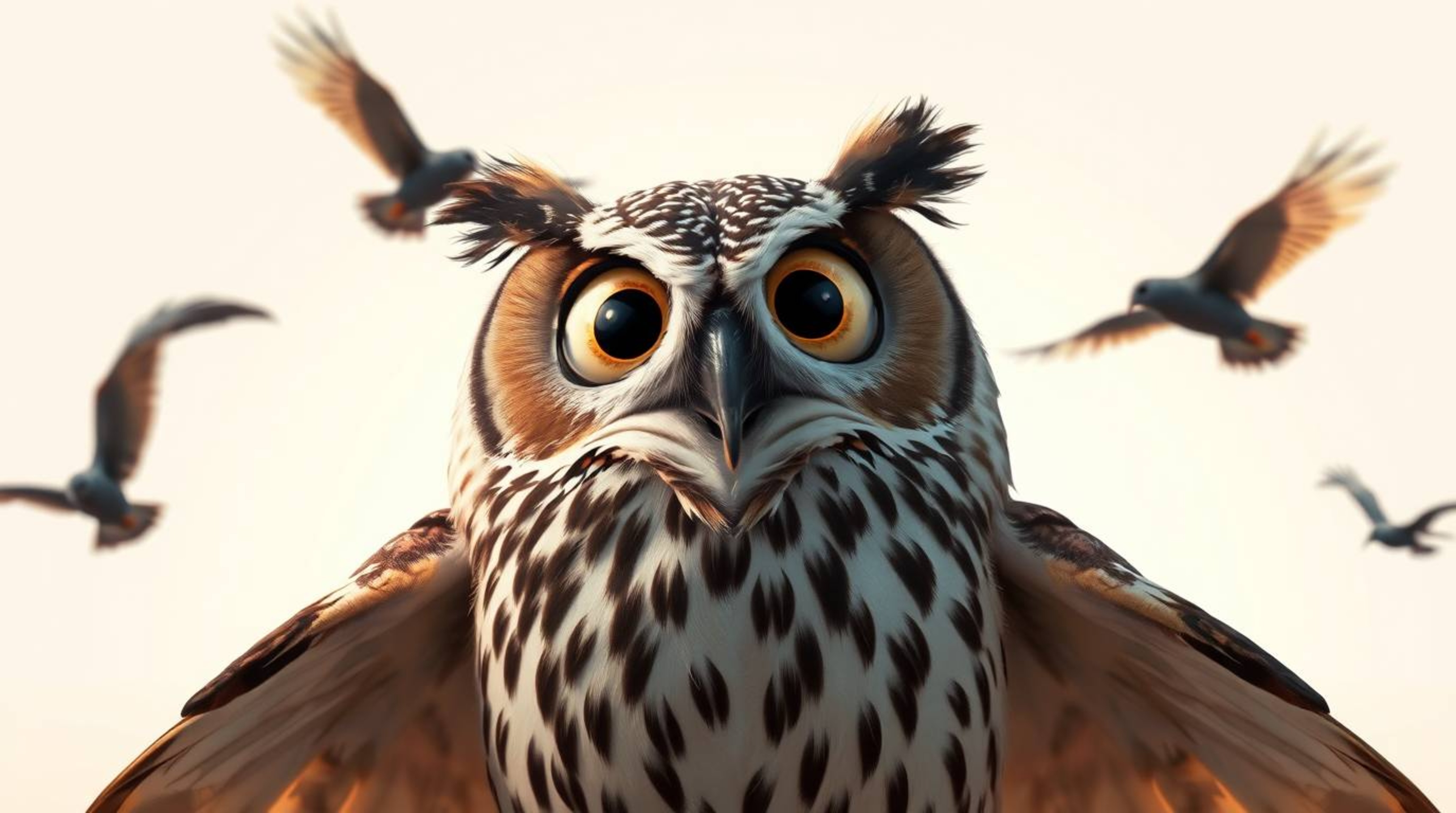 A captivating image featuring a blind owl, rendered in a charming Pixar style, with large, expressive eyes that convey wisdom