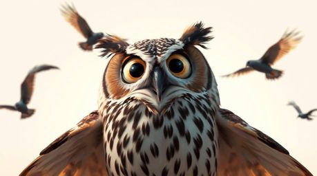 A captivating image featuring a blind owl, rendered in a charming Pixar style, with large, expressive eyes that convey wisdom
