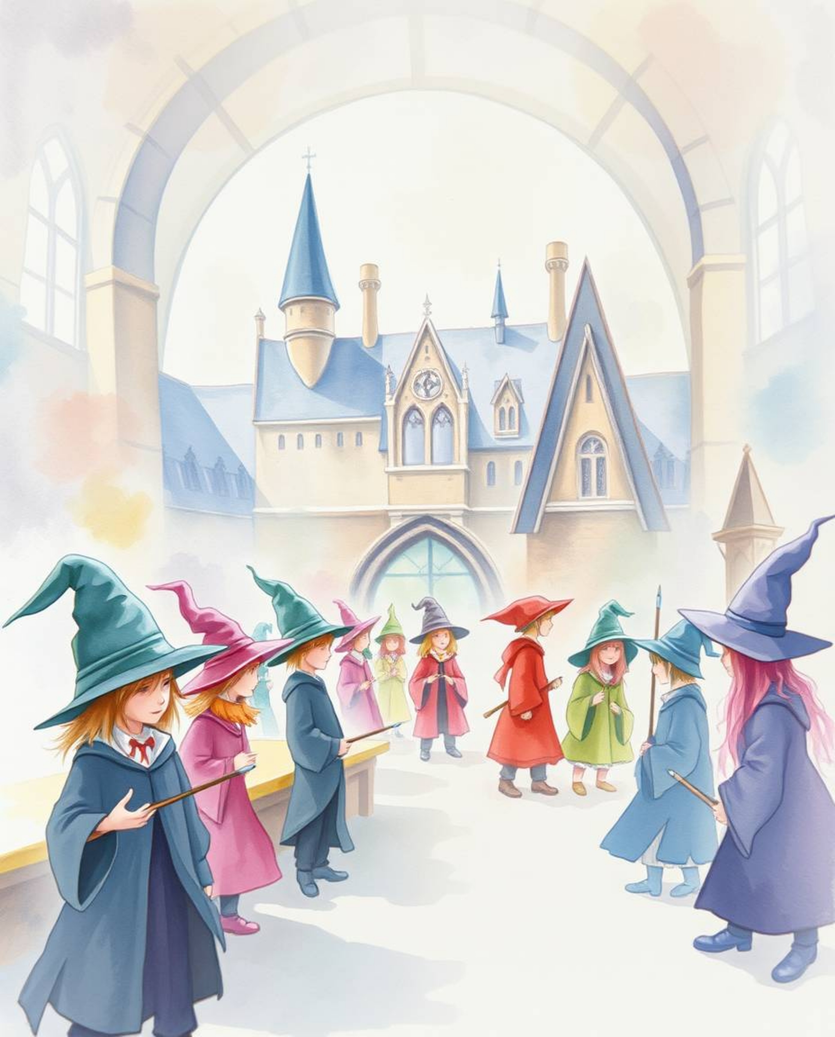 Immerse yourself in a delicate watercolor painting depicting a magical school teeming with young wizards. The artwork feature