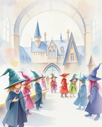 Immerse yourself in a delicate watercolor painting depicting a magical school teeming with young wizards. The artwork feature