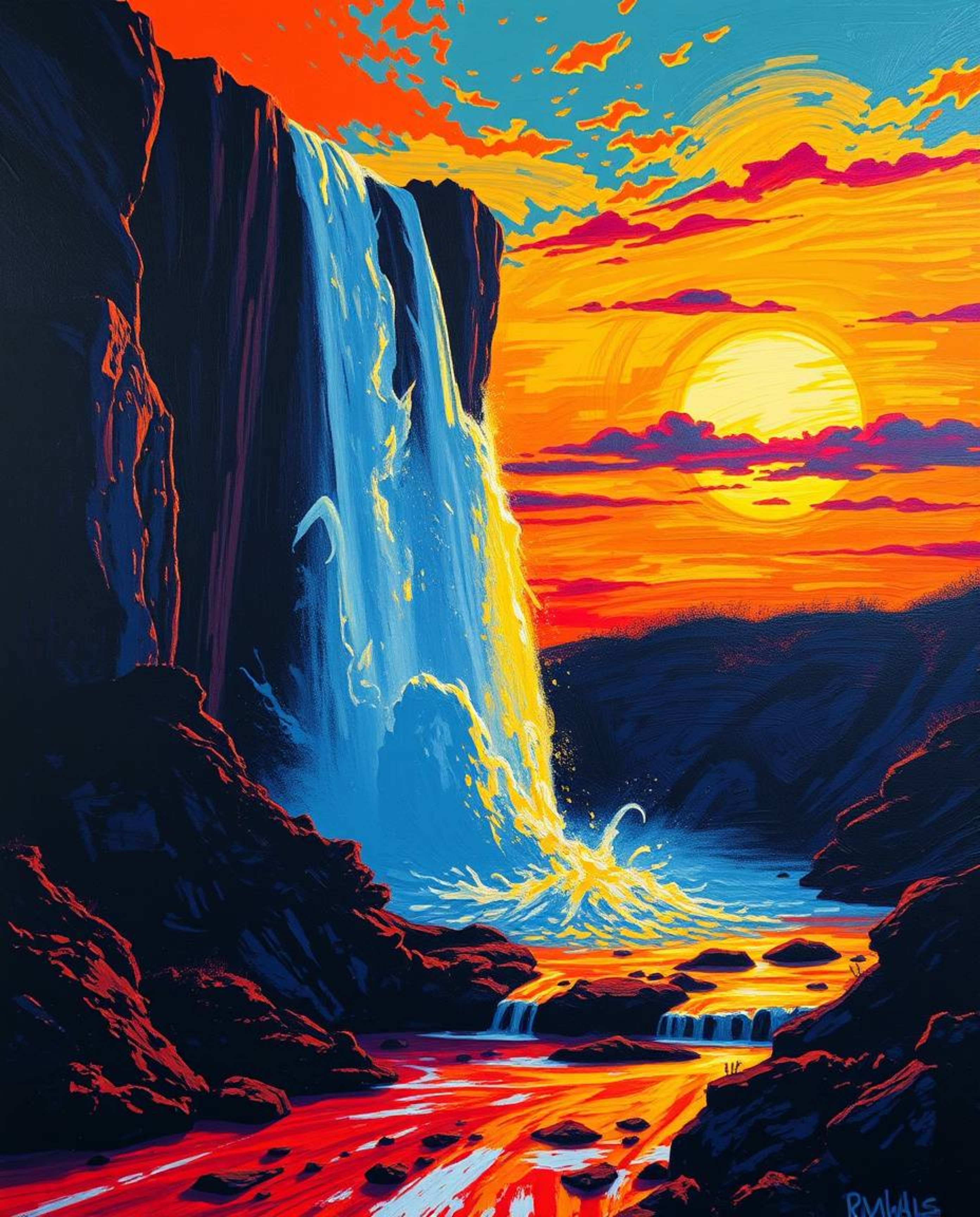A bold acrylic painting depicting a dramatic waterfall silhouetted against a vibrant sunset. The artwork is characterized by 