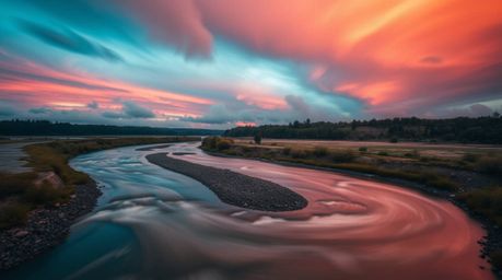 Explore captivating long exposure photography showcasing a winding river illuminated beneath a dramatic orange-pink sky. This