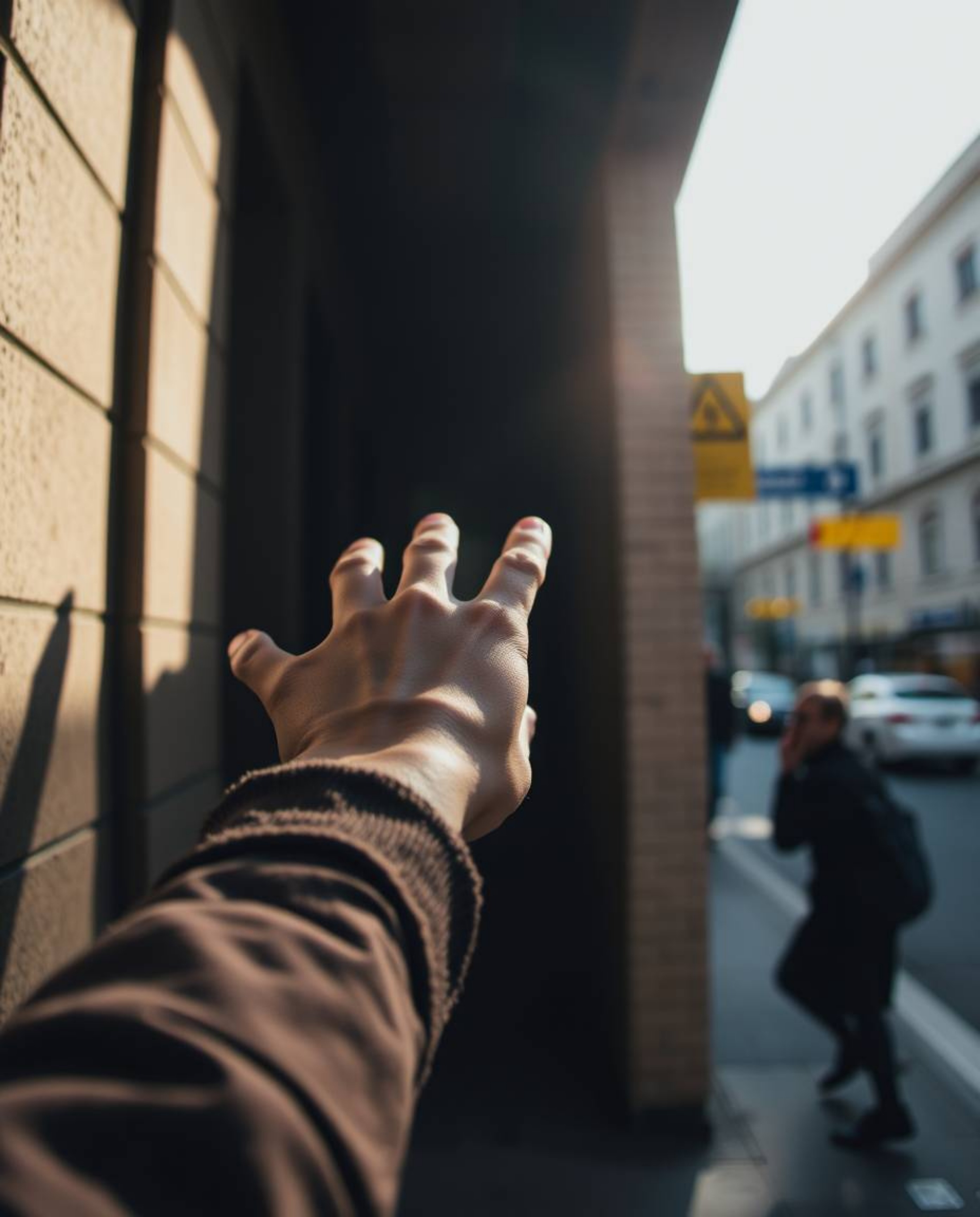 This captivating image showcases the beauty of candid street photography. A hand reaches towards a source of light, emerging 