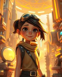 A confident young inventor girl thrives in a futuristic city bathed in a warm golden glow. This Pixar-like scene showcases ra
