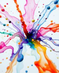 A stunning watercolor painting captures the ephemeral beauty of colorful paint splashing in mid-air, frozen in time by a high