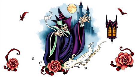 Explore a captivating traditional tattoo-style print featuring a classic Disney villain conjuring a powerful spell within a f