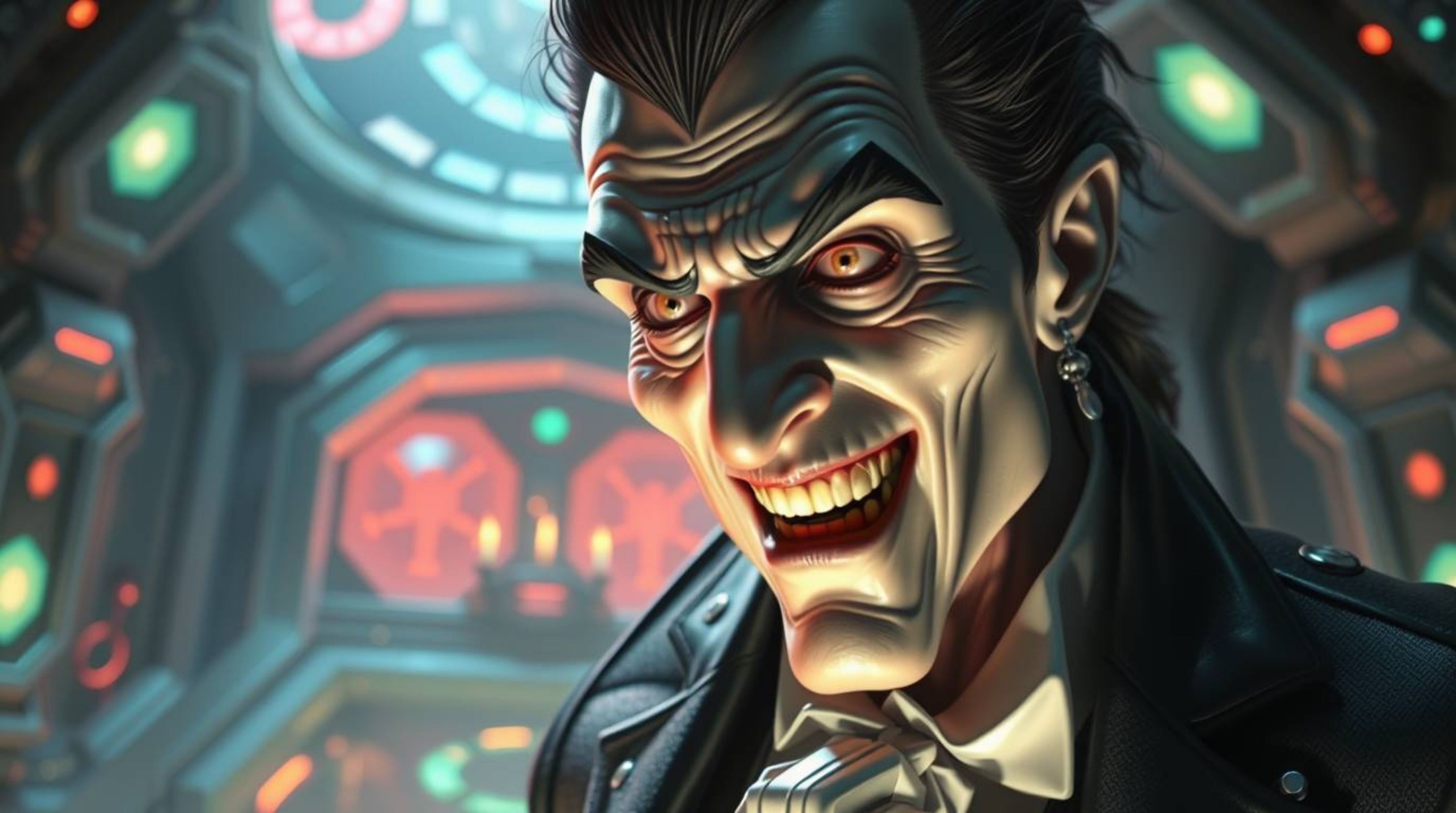 Experience a comedic breakdown with a pale-skinned villain in a high-tech lair filled with iridescent surfaces and enchanting