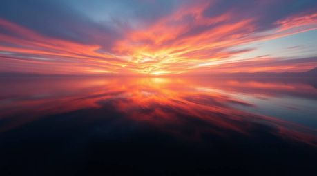 Capture the breathtaking beauty of a serene lake mirroring a vivid sunset sky, rendered with a soft cinematic haze and bold a