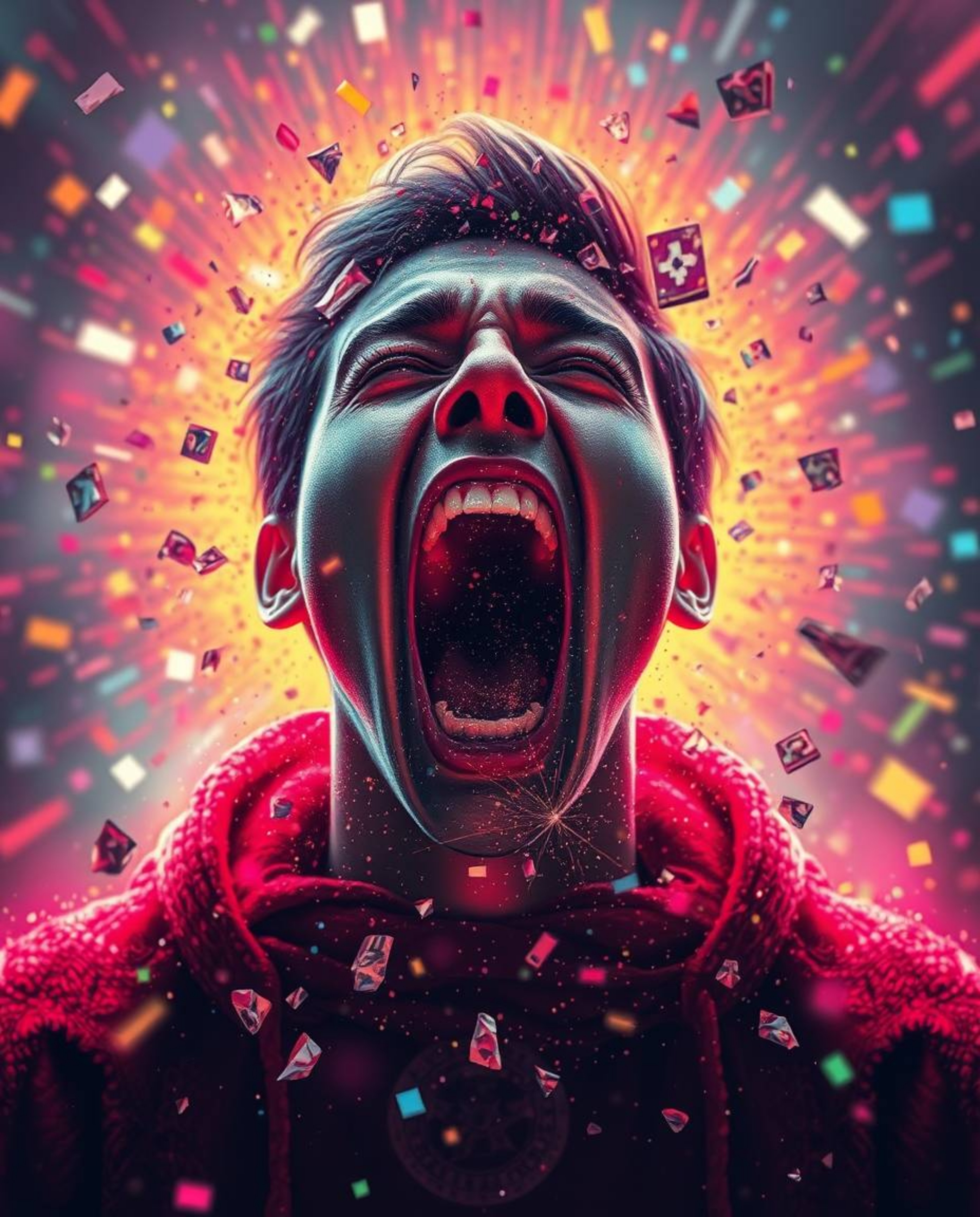 A captivating digital art piece depicting a person screaming as their reality fractures into a vibrant pixelated world.  The 