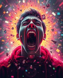 A captivating digital art piece depicting a person screaming as their reality fractures into a vibrant pixelated world.  The 