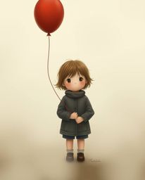 A captivating image of a child with rosy cheeks and light brown hair, clutching a vibrant red balloon against a backdrop of t