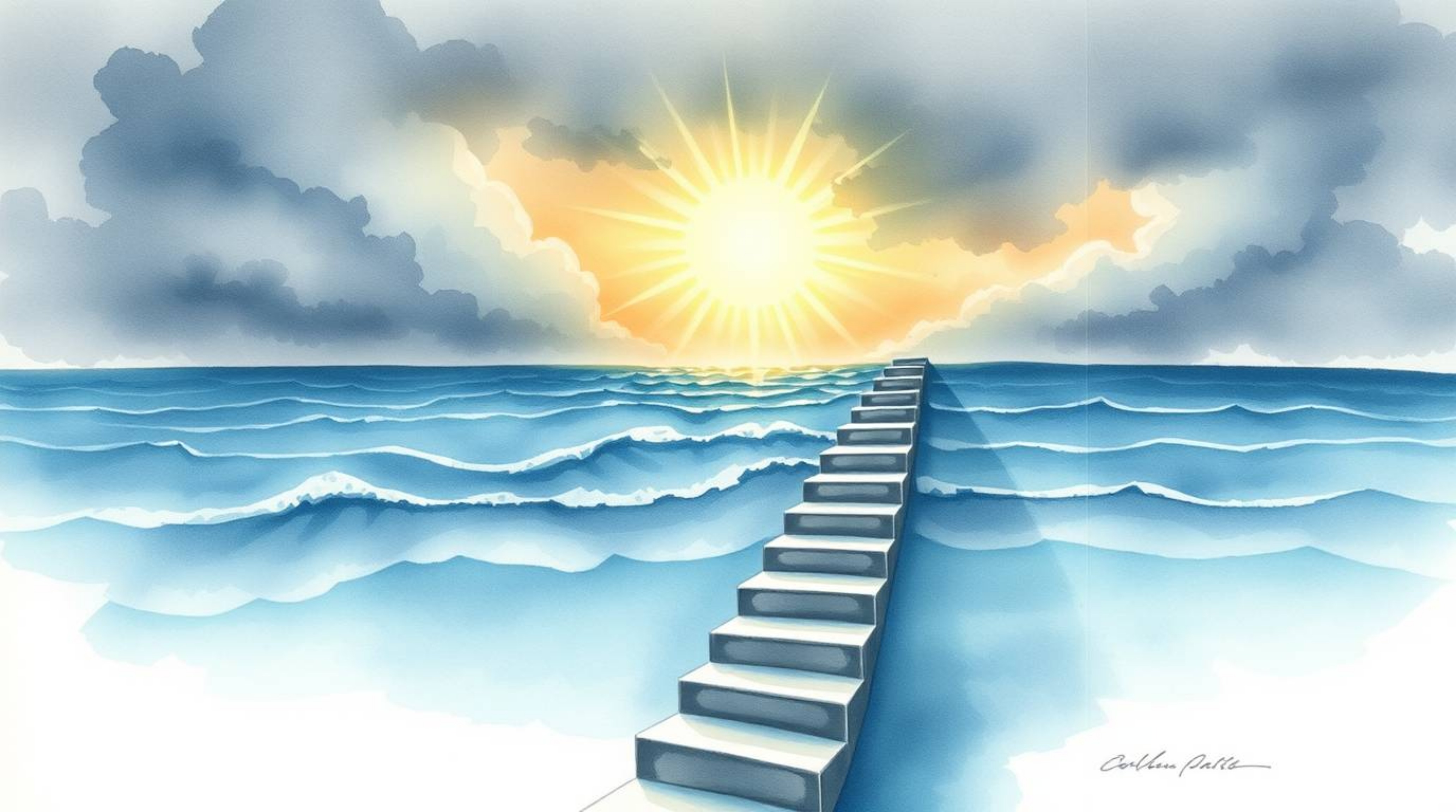 A delicate watercolor painting depicts a dramatic ocean staircase ascending towards a stormy sky illuminated by a divine sunb