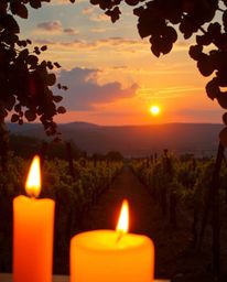 This is an adorable and charming scene, warmly illuminated by the soft glow of candlelight. The artwork captures a sunset ove