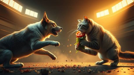 Witness an epic showdown as a dog and cat clash over an enormous sandwich, all bathed in the warm, inviting glow of golden ho
