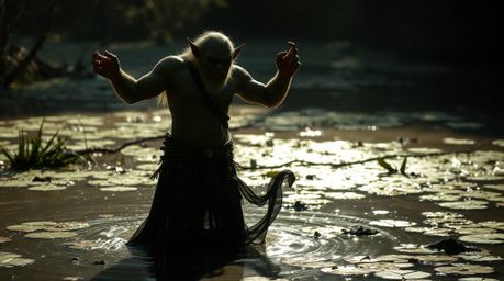A graceful and elegant ogre dancing in a swamp, captured with high contrast and low key lighting to emphasize refined feature